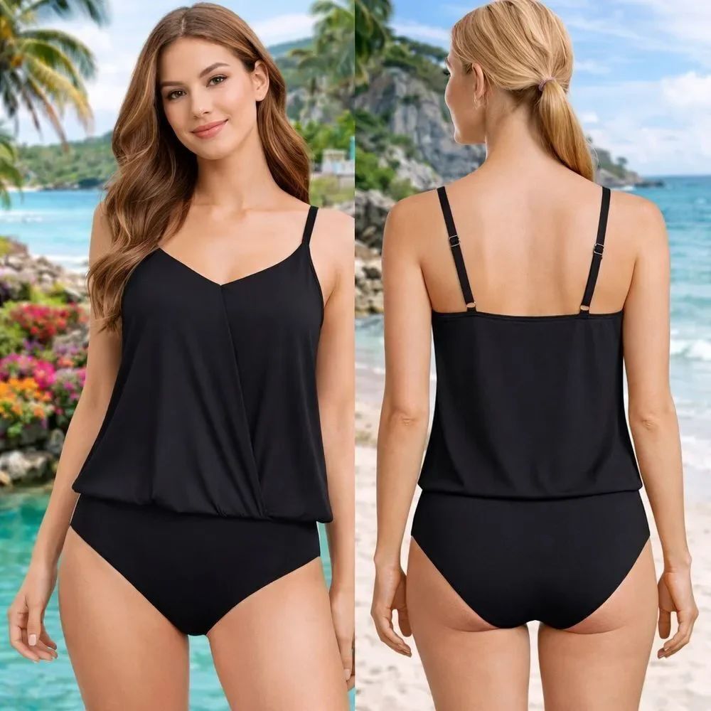 Land's End Blouson V neck Adjustable Fauxkini One Piece Bathing Suit Black Var